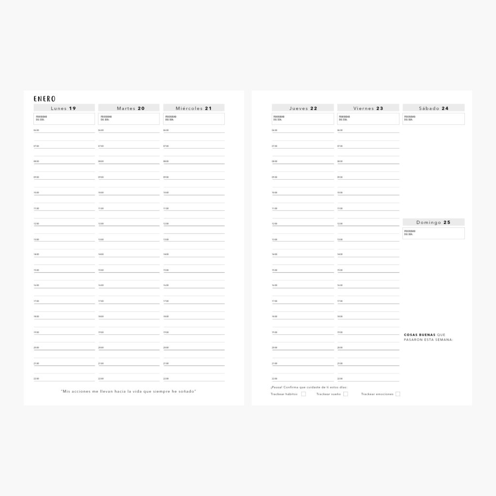 Vista interior de la Agenda Espiral Planifesting 2026 con diseño de planeación diaria con horas, Incluye espacio para intención del día, recordatorios y una frase inspiradora al pie de página.