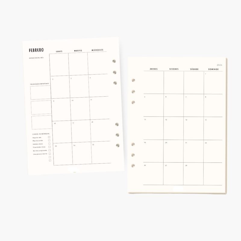 Calendario mensual en los repuestos agenda carpeta Planifesting 2026, con espacio para intenciones, prioridades y checklist mensual