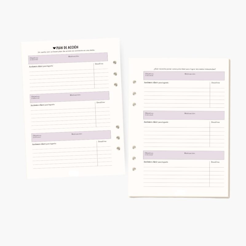 Hojas de repuesto de la agenda carpeta Planifesting 2026 para planes de acción trimestrales, diseñadas para convertir sueños en metas.