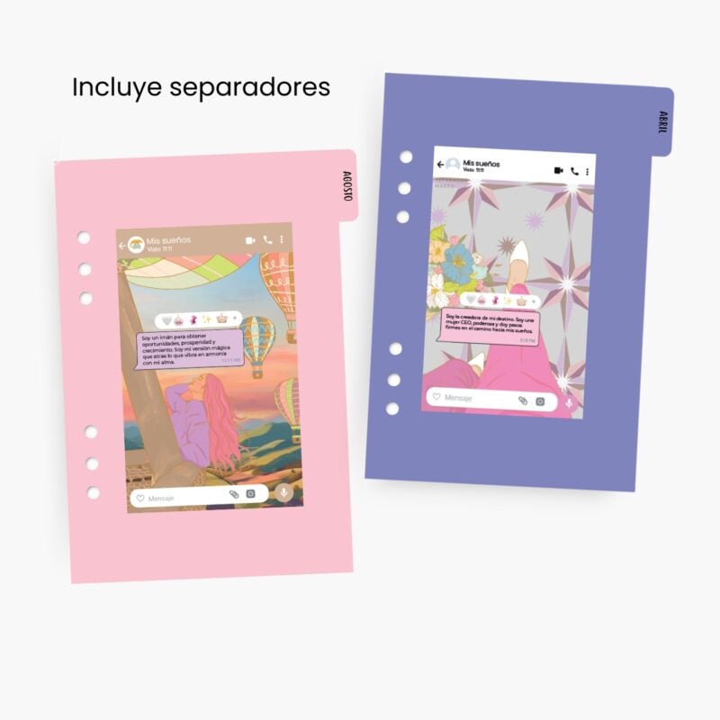 Separadores de colores incluidos en los repuestos agenda carpeta Planifesting 2026, con ilustraciones motivadoras y mensajes inspiradores.