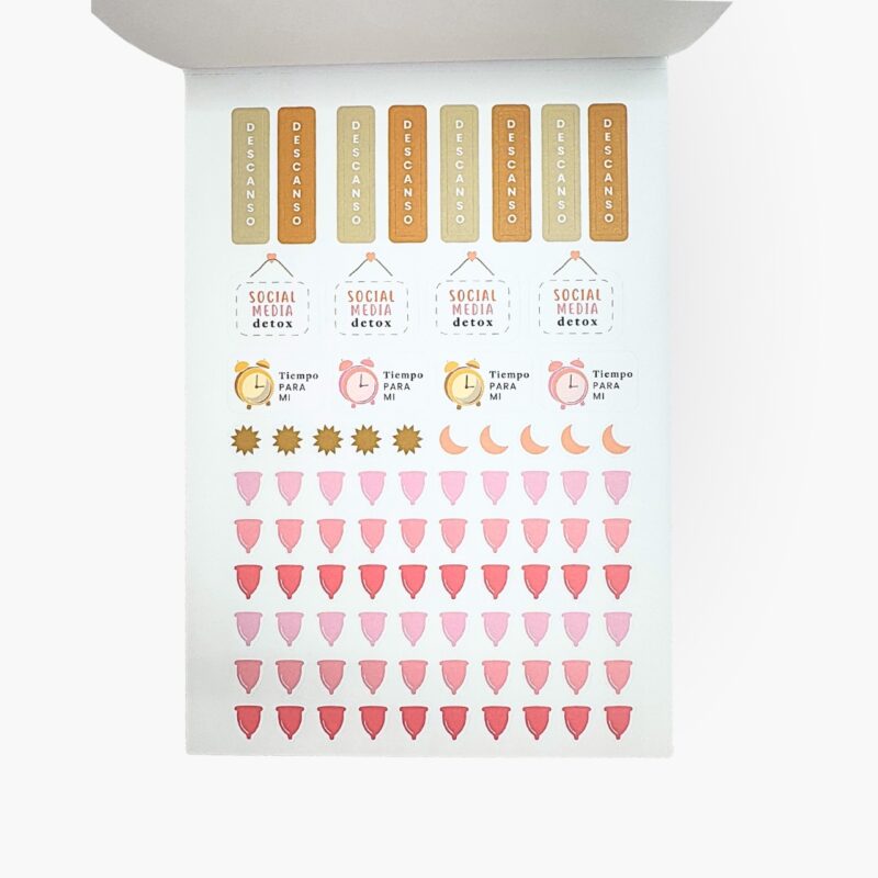 Stickers del libro Me quiero un chingo con íconos de descanso, social media detox, tiempo para mí, fases lunares y copas menstruales.