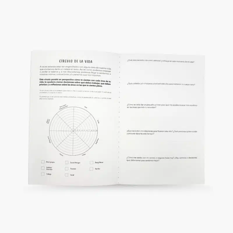 Página del libro “Todo inicia contigo” con ejercicio del círculo de la vida para evaluar equilibrio personal y bienestar.