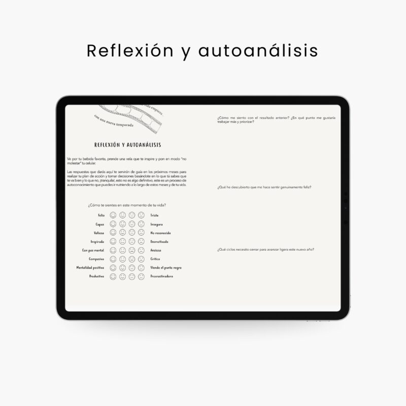 Página de reflexión y autoanálisis del Plan de Vida Digital “Todo inicia contigo”, mostrando ejercicios de emociones, preguntas de autoconocimiento y herramientas para iniciar un proceso de claridad personal y Planifesting.