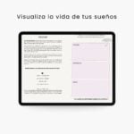 Página del plan de vida digital “Todo inicia contigo” con ejercicios de visualización a 5 años y espacios para definir metas personales, profesionales y sociales dentro del método Planifesting.