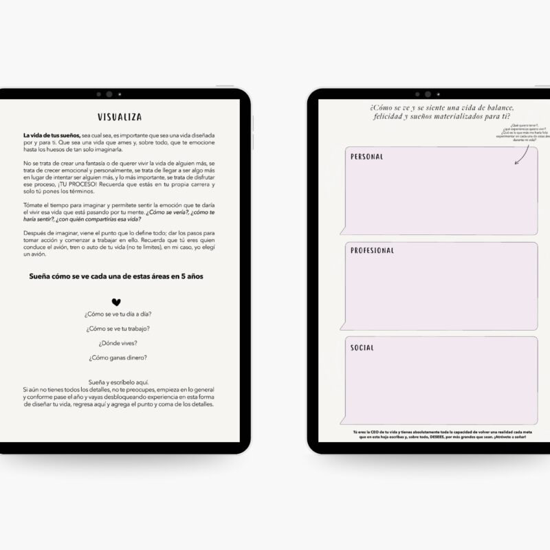 Sección del Plan de Vida Digital “Todo inicia contigo” dedicada a la visualización de metas a cinco años, con espacios para planificación personal, profesional y social dentro del método Planifesting.