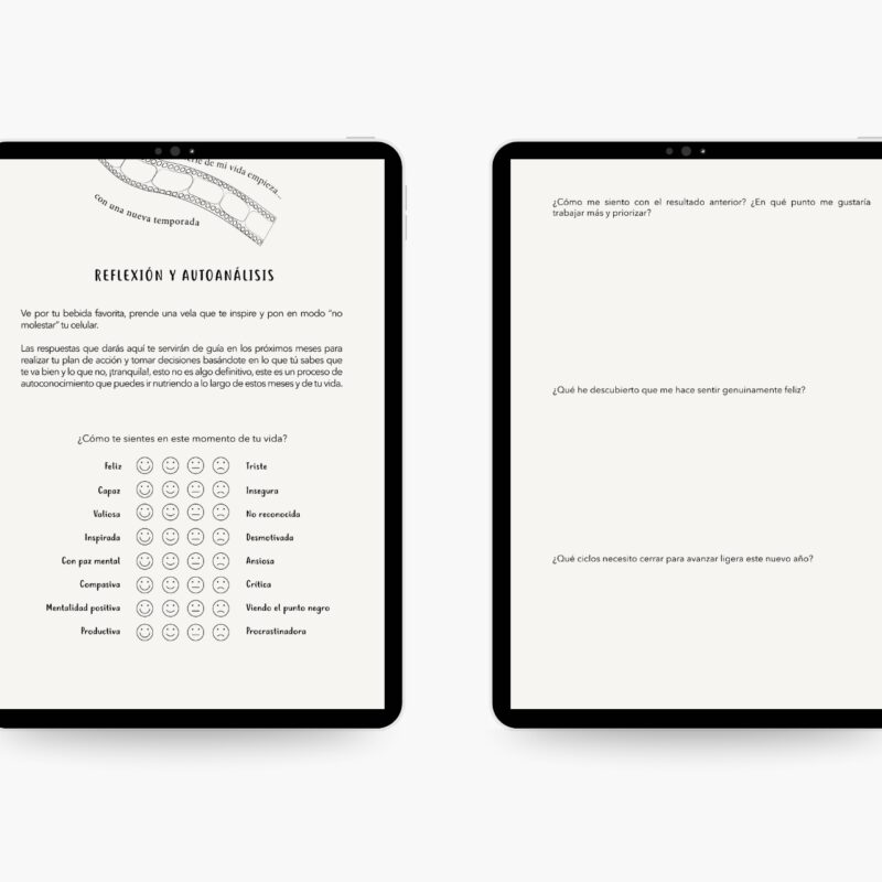 Página del plan de vida digital “Todo inicia contigo” dedicada a reflexión y autoanálisis, con evaluaciones emocionales y preguntas para identificar avances, aprendizajes y áreas a trabajar en el nuevo año.