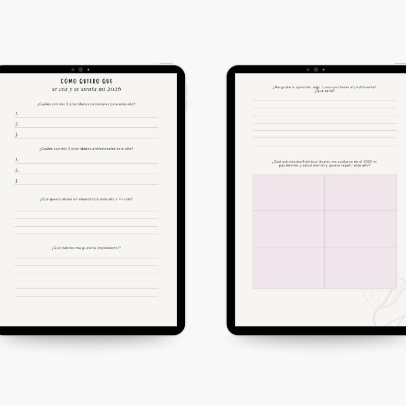 Página del plan de vida digital “Todo inicia contigo” con secciones para definir prioridades personales y profesionales, hábitos, abundancia y aprendizajes para el 2026.