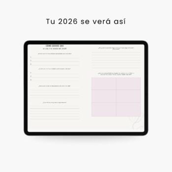 Vista general del plan de vida digital “Todo inicia contigo” mostrando la página de planificación del 2026 con áreas para metas, hábitos, aprendizajes y bienestar personal.