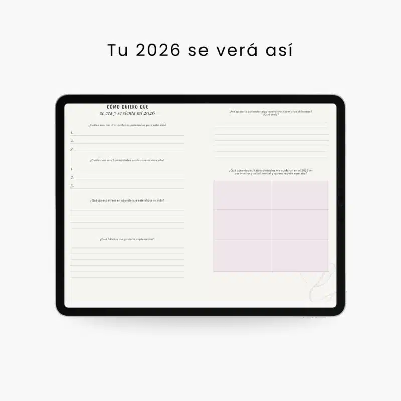 Vista general del plan de vida digital “Todo inicia contigo” mostrando la página de planificación del 2026 con áreas para metas, hábitos, aprendizajes y bienestar personal.