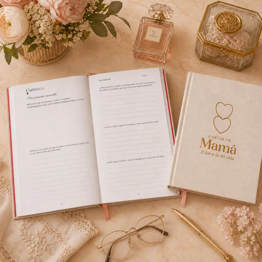 Cartas de Mamá diario para mamá abierto y cerrado sobre mesa elegante con pluma dorada y flores