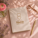 Cartas de Mamá libro de recuerdos para mamá sobre mesa elegante con pluma dorada y flores