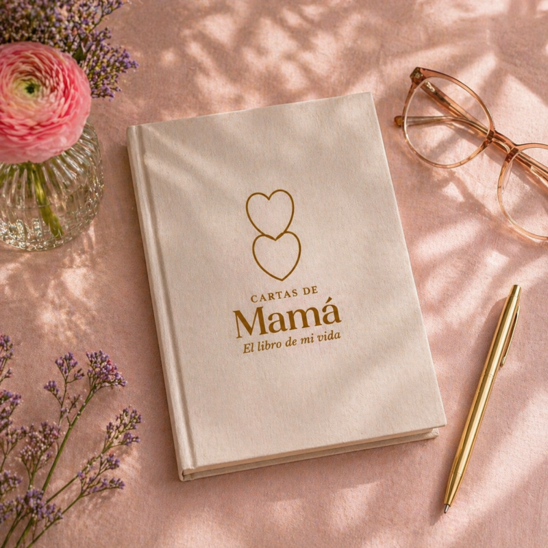 Cartas de Mamá libro de recuerdos para mamá sobre mesa elegante con pluma dorada y flores