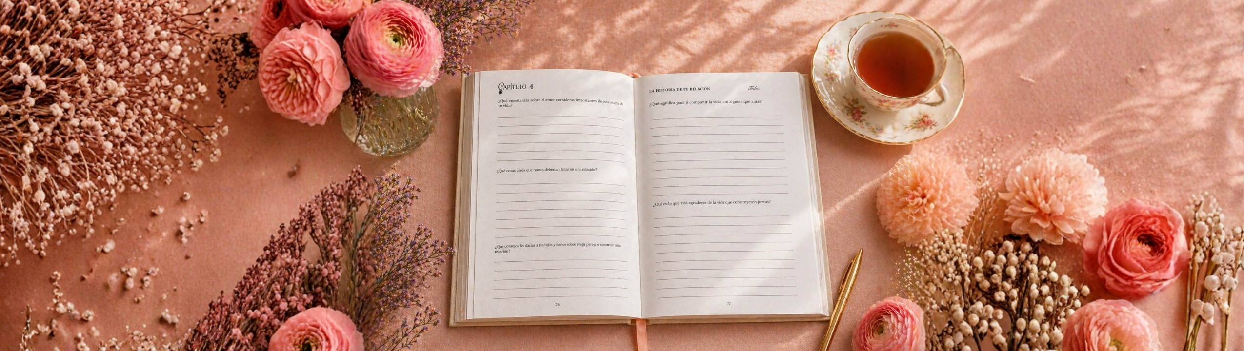 Cartas de Mamá diario guiado abierto con preguntas para mamá rodeado de flores y taza de té