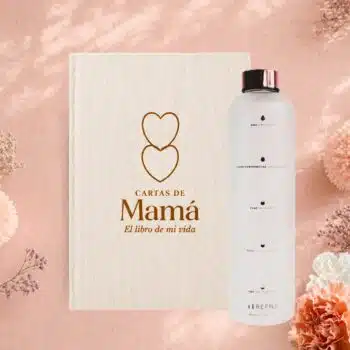 Kit Tiempo con Mamรก con diario Cartas de Mamรก y botella Wellness blanca de vidrio con funda rose gold