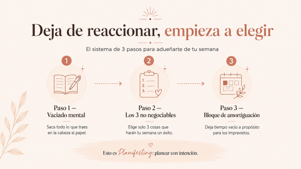 Infografía del método Planifesting con 3 pasos para dejar de estar ocupada y ser productiva: vaciado mental, los 3 no negociables y el bloque de amortiguación.
