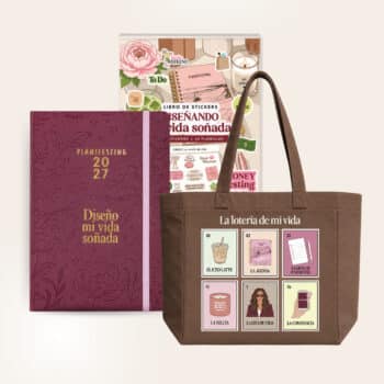 Agenda Planifesting 2027 pasta vino "Diseño mi vida soñada" con libro de stickers y tote lotería de mi vida