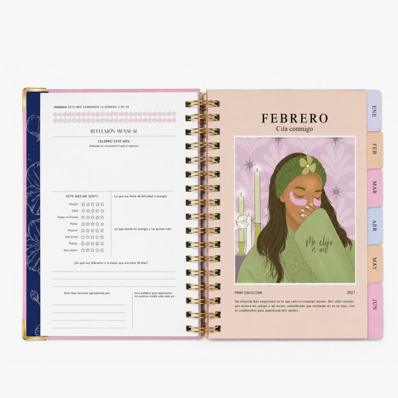 agenda Planifesting 2027 cierre de mes y separador Febrero "Cita conmigo" con ilustración "Me elijo a mí"
