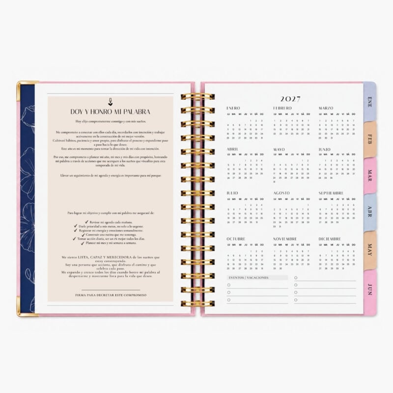 Página "Doy y honro mi palabra" y calendario anual 2027 de la agenda Planifesting