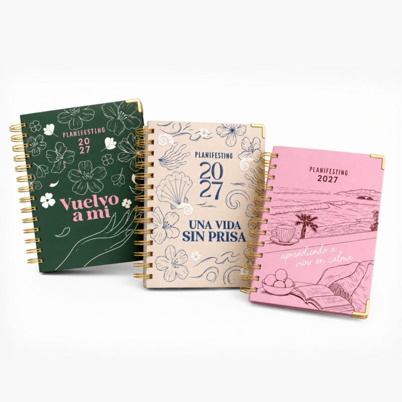 Agendas de pasta dura Planifesting 2027 en verde, beige y rosa con espiral y esquineros dorados