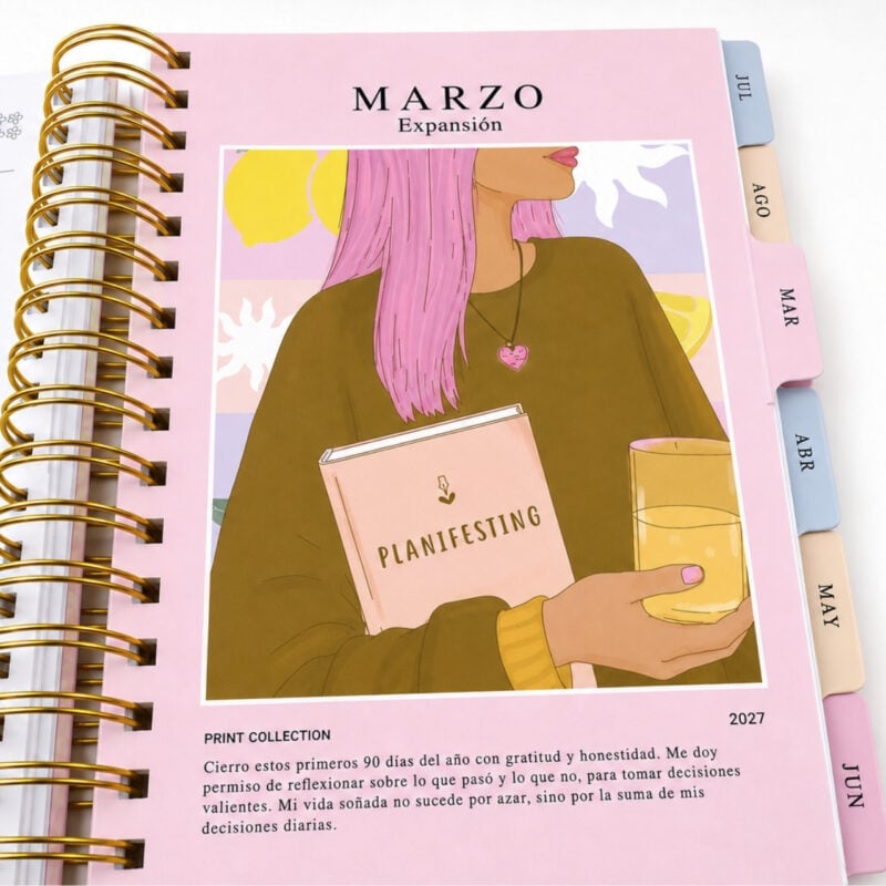 agenda Planifesting 2027 separador Marzo "Expansión", ilustración de mujer con libro Planifesting y limones