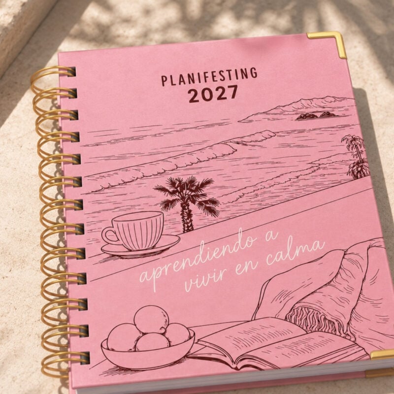 agenda de pasta dura Planifesting 2027 rosa "aprendiendo a vivir en calma" sobre superficie de piedra con luz natural