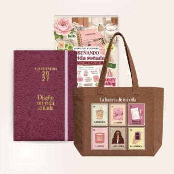 Agenda Planifesting 2027 pasta vino "Diseño mi vida soñada" con libro de stickers y tote lotería de mi vida