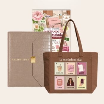 Agenda carpeta beige Planifesting con broche dorado, libro de stickers y tote café lotería de mi vida