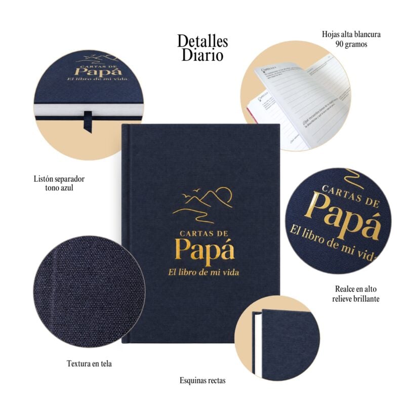 Diario para papá en tela azul marino visto en ángulo, con emblema dorado y canto de hojas color crema