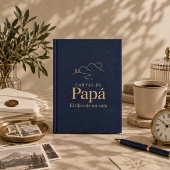Cartas de Papá, diario para papá de OREM, portada azul marino sobre mesa con café, sellos, pluma y fotografías