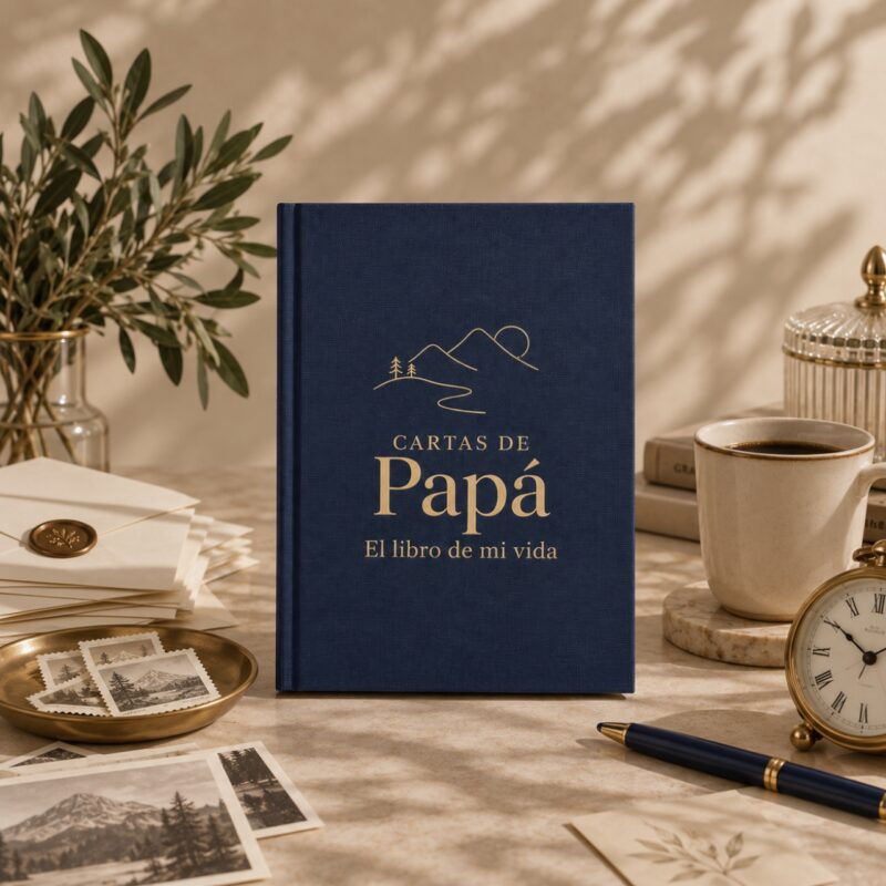 Cartas de Papá, diario para papá de OREM, portada azul marino sobre mesa con café, sellos, pluma y fotografías