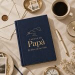 Infografía de detalles de Cartas de Papá: tela azul, foil en relieve, listón durazno, hojas de 90 g y esquinas rectas