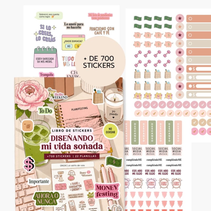 Libro de stickers "Diseñando mi vida soñada" de OREM mostrando sus planillas y más de 700 stickers