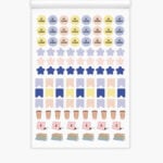 Planilla de stickers OREM con recordatorios "No olvidar", estrellas, banderitas, café y libros