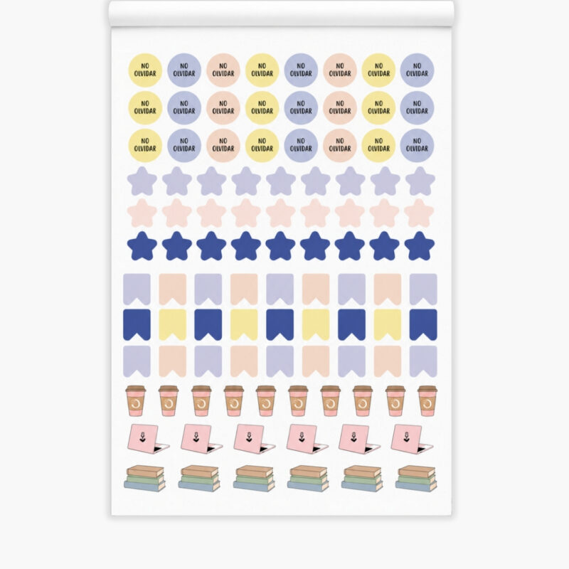Planilla de stickers OREM con recordatorios "No olvidar", estrellas, banderitas, café y libros