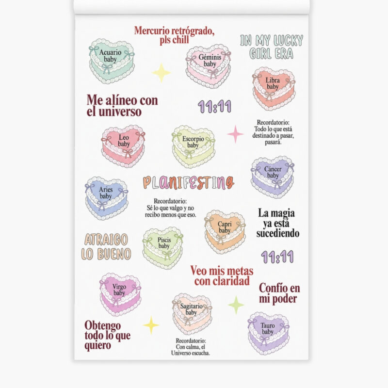Planilla de stickers OREM de signos del zodiaco y frases de manifestación como "La magia ya está sucediendo
