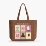 Tote bag de tela café "La lotería de mi vida" con seis cartas de lotería ilustradas al frente