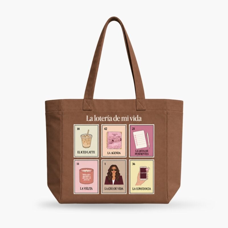 Tote bag de tela café "La lotería de mi vida" con seis cartas de lotería ilustradas al frente