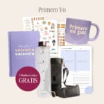 Kit Primero yo de OREM: libreta morada Valentía, taza morada, botella de agua de 1 L con bolso negro porta botella, bloc Un día a la vez y planillas de stickers