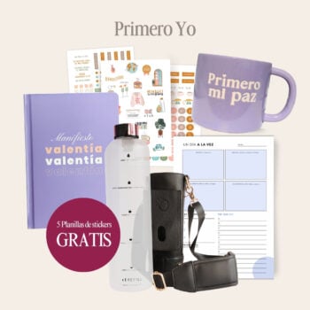 Kit Primero yo de OREM: libreta morada Valentía, taza morada, botella de agua de 1 L con bolso negro porta botella, bloc Un día a la vez y planillas de stickers