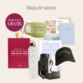 Kit Mapa de sueños de OREM: libreta roja CEO de mi vida, taza verde, botella de agua de 1 L con bolso negro, bloc Un día a la vez, gorra negra Planifesting, kit vision board y stickers
